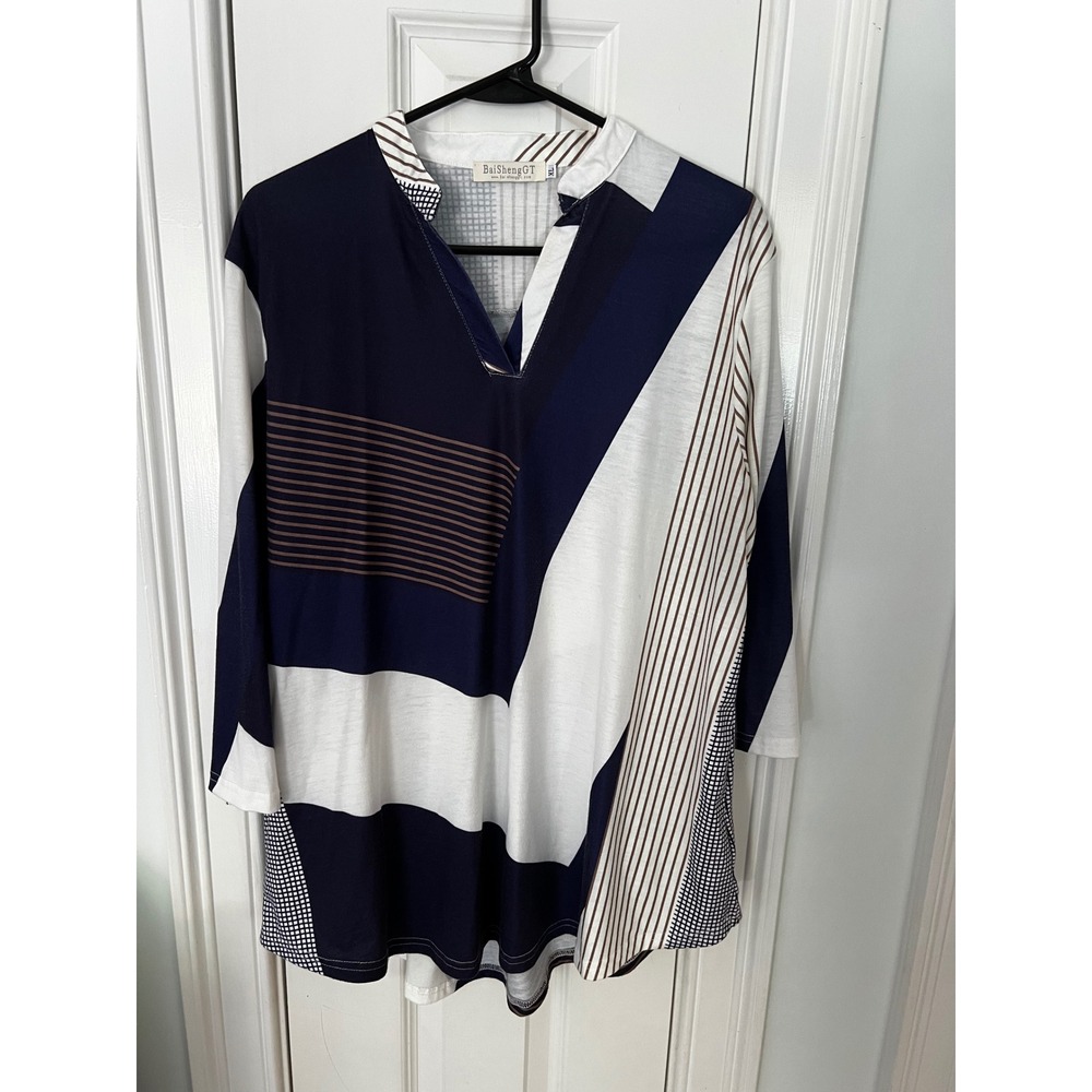BaiShengGT Womens XL Navy Blue White Geometric Stripe Colorblock Tunic Blouse